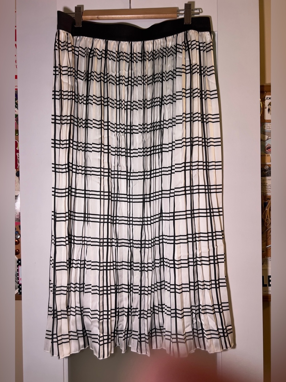 Rachel Zoe Black and White Pleated Check Midi Skirt